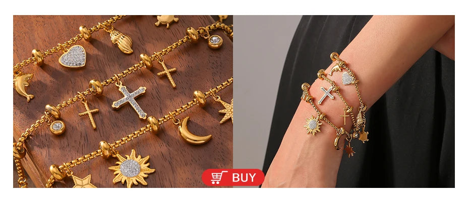 316L Stainless Steel Charm Bracelet For Women 18K Gold Plated Waterproof No Tarnish Women's Multiple Different Pendant Bracelets