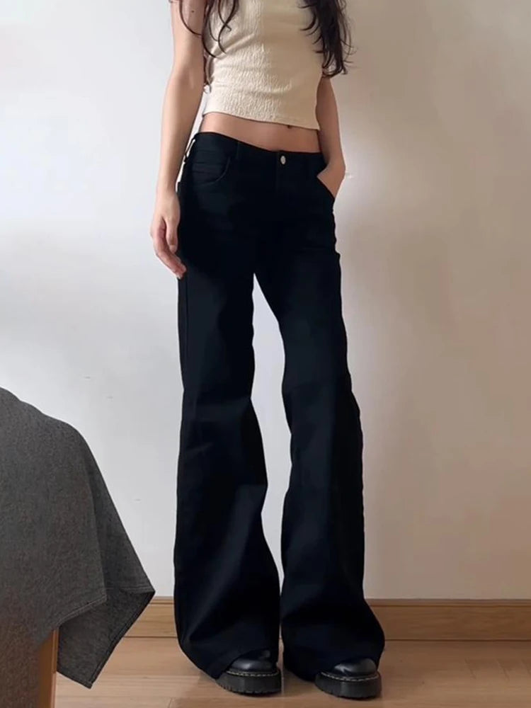 Women Low Waist Flared Jeans Retro Style Blue Black Micro Flare Pants Loose Straight Wide Leg Jeans Female Spring Fashion