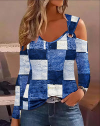 Fashion Woman Blouse 2023 Spring Denim Look Print Cold Shoulder Eyelet Casual Long Sleeve Daily T-Shirt Top Y2K Clothes