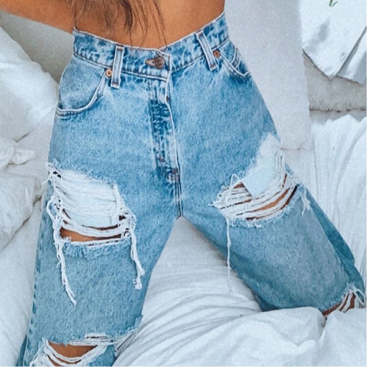 Women Hole Straight Hollow Cargo Pants Women Baggy High Waisted Pants Ripped Jeans Mom Jeans Fashion Blue Wide Leg Trousers Y2k