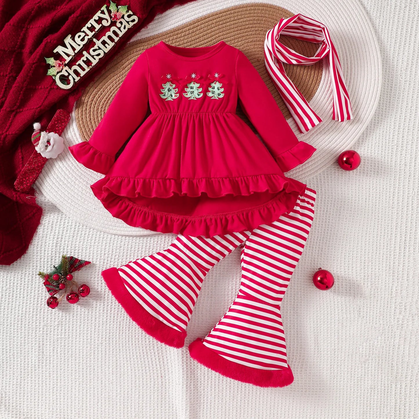 Baby Spring Autumn Clothers Girls Christmas Embroidered Clothes T With Striped Flared Pants Set Fashionable Casual Girl Clothing