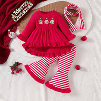 Baby Spring Autumn Clothers Girls Christmas Embroidered Clothes T With Striped Flared Pants Set Fashionable Casual Girl Clothing
