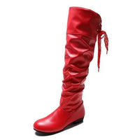 Shoes For Women 2022 Spring Knee High Boots Red Black White Tall Boots Woman Pleated Low Heel Casual Leather Female Long Shoes