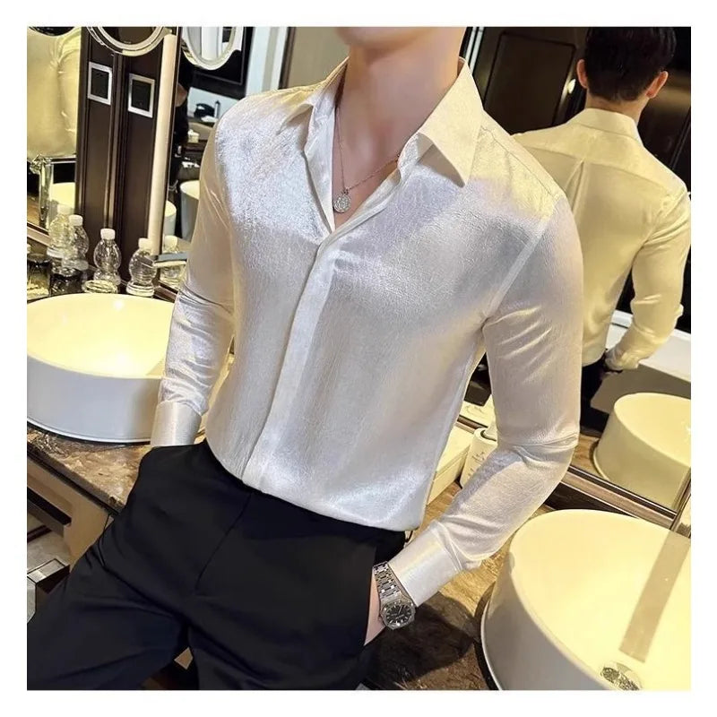 Men's Shiny Long-Sleeve Button-Down Shirt with Slim Fit