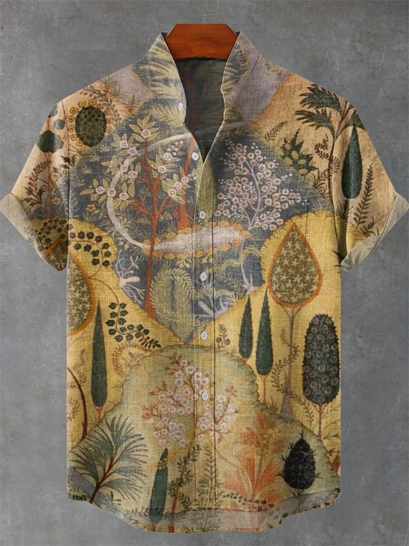 Men's Short Sleeve Linen 100% Shirt 3D Octopus Print Funny Art Hawaiian Leaf Flip-Collar Shirt New Collection