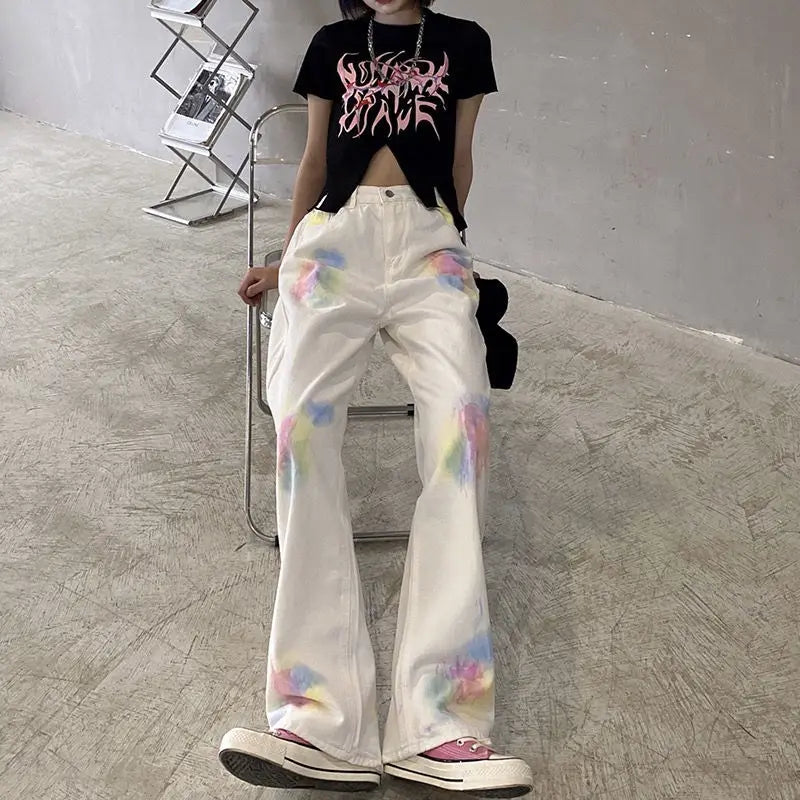 Baggy Jeans Y2k Wide Jeans for Women Trend Tie Dye Straight Printed Women's Summer Trousers Vintage Hippie Denim Pants Patchwork