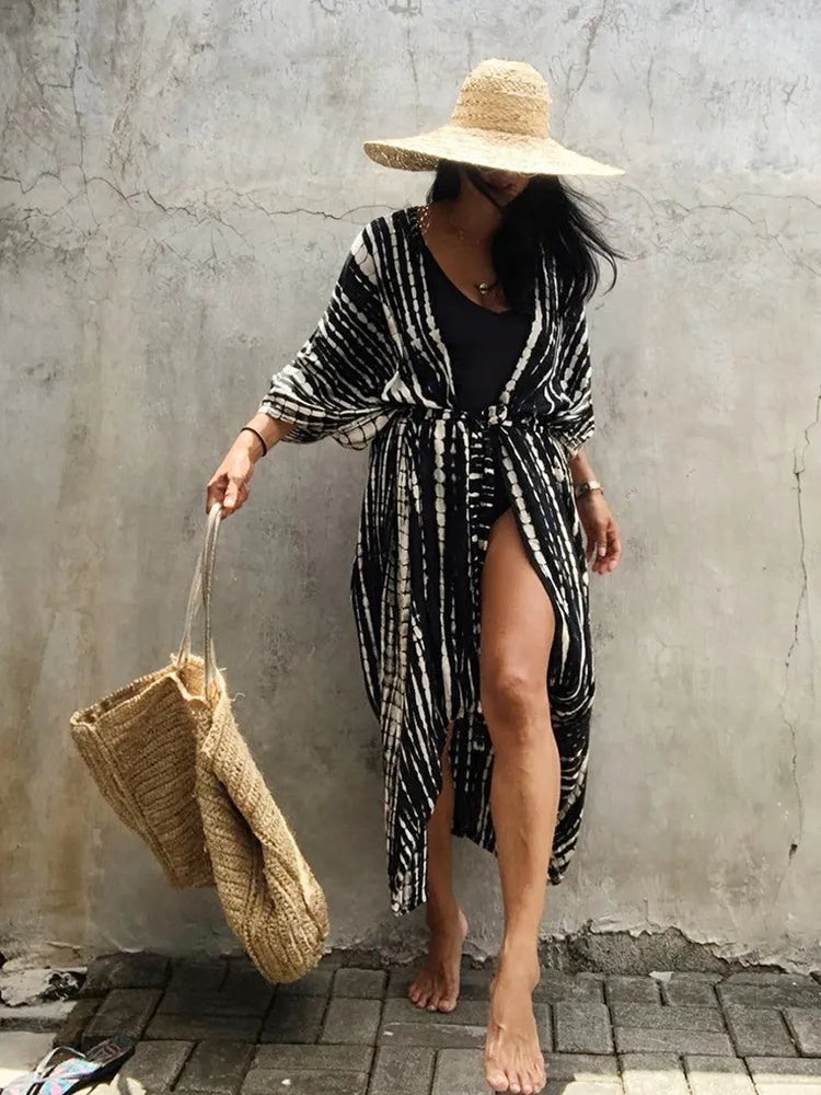 Fitshinling Summer Vintage Kimono Swimwear Halo Dyeing Beach Cover Up With Sashes Oversized Long Cardigan Holiday Sexy Covers