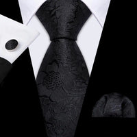 Barry.Wang Black White Gray Silver Men Tie Handkerchief Cufflinks Set Jacquard Necktie for Male Wedding Business Party Gift