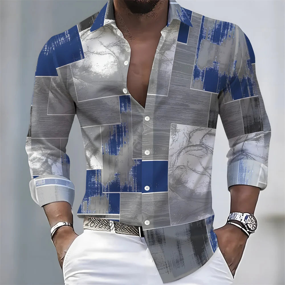 Men's Retro Color-Blocked Floral Print Long-Sleeve Shirt with Paisley Pattern Design, Casual Top for Spring and Autumn