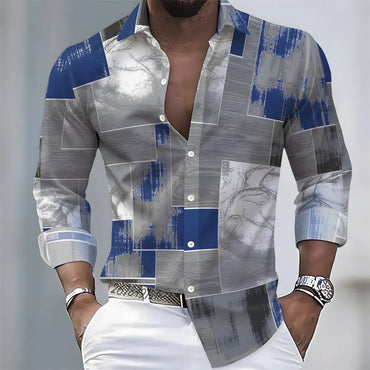 Men's Retro Color-Blocked Floral Print Long-Sleeve Shirt with Paisley Pattern Design, Casual Top for Spring and Autumn