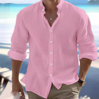 Men's Linen Button-down Shirt for Men Summer Beach Shirt Long Sleeves Plain Stand-up Collar, Spring/summer Casual Everyday Wear