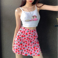 Pink Skirt Side Split Mini Skirts High Waist Woman Fashion Strawberries Print Sexy Skinny Summer Skirt 2000s Y2k Streetwear Chic