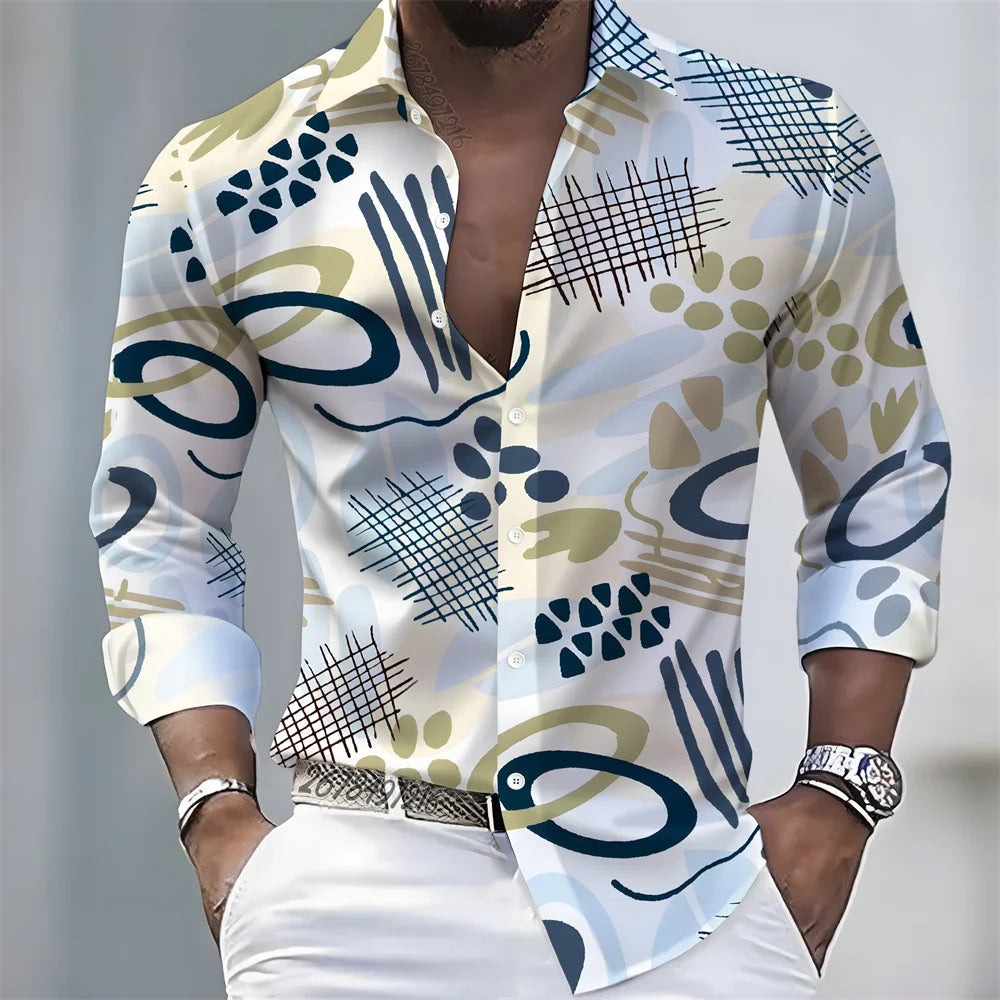 New men's artistic printed long-sleeved shirt, retro color-blocked design, casual shirt, versatile and stylish top for commuting