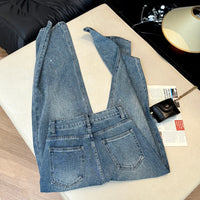 Women's Jeans Spring Retro Washed Diamond-encrusted Design Sense High-waisted Straight-leg Pants Loose Wide-leg Mopping Pants