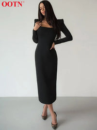 OOTN Elegant Black Bodycon Dress Stretch Square Neck Long Sleeve Party Dresses Women Spring Split Mid-Calf Solid Sexy Dress 2022