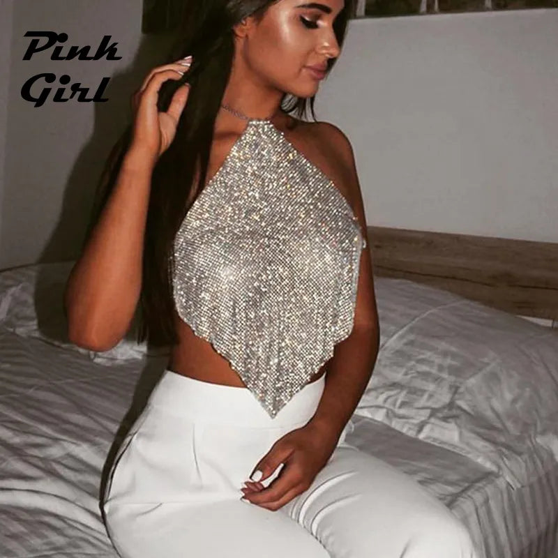 Glitter Crystal Diamonds See Through Backless Tank Top Women Adjustable Metal Chain Rhinestone Hollow Out Sleeveless Crop Tops