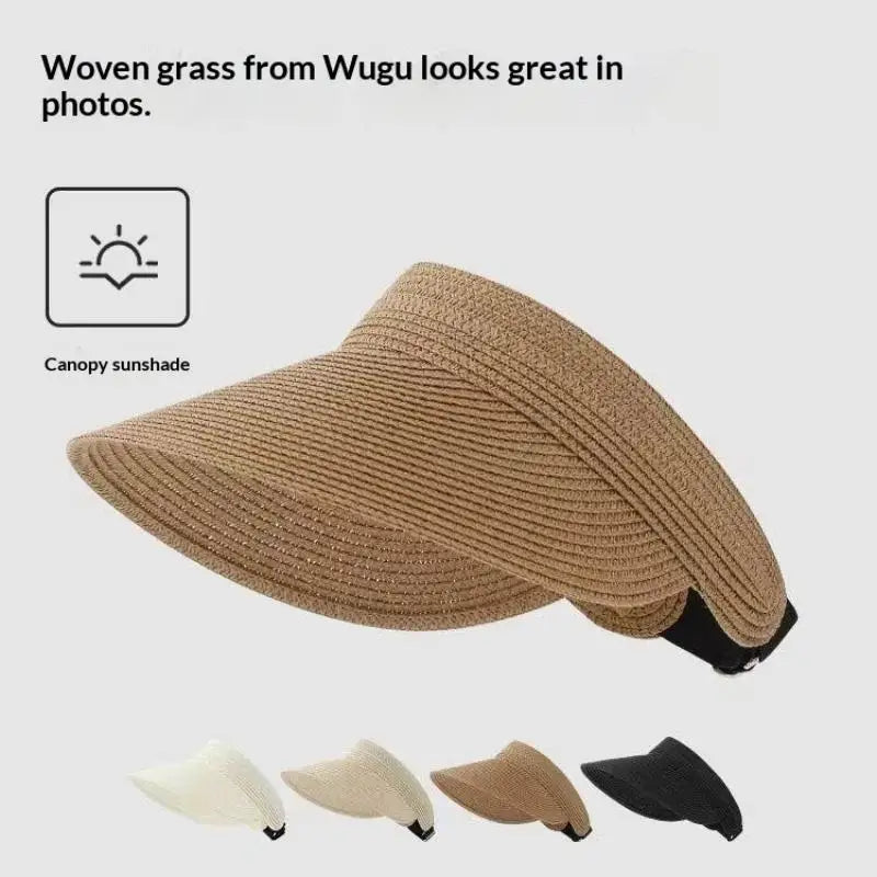 UPF50+ Foldable Straw Sun Visor Hat For Women, Wide Brim UV Protection Ponytail Hollow Beach Summer Sun Hat
