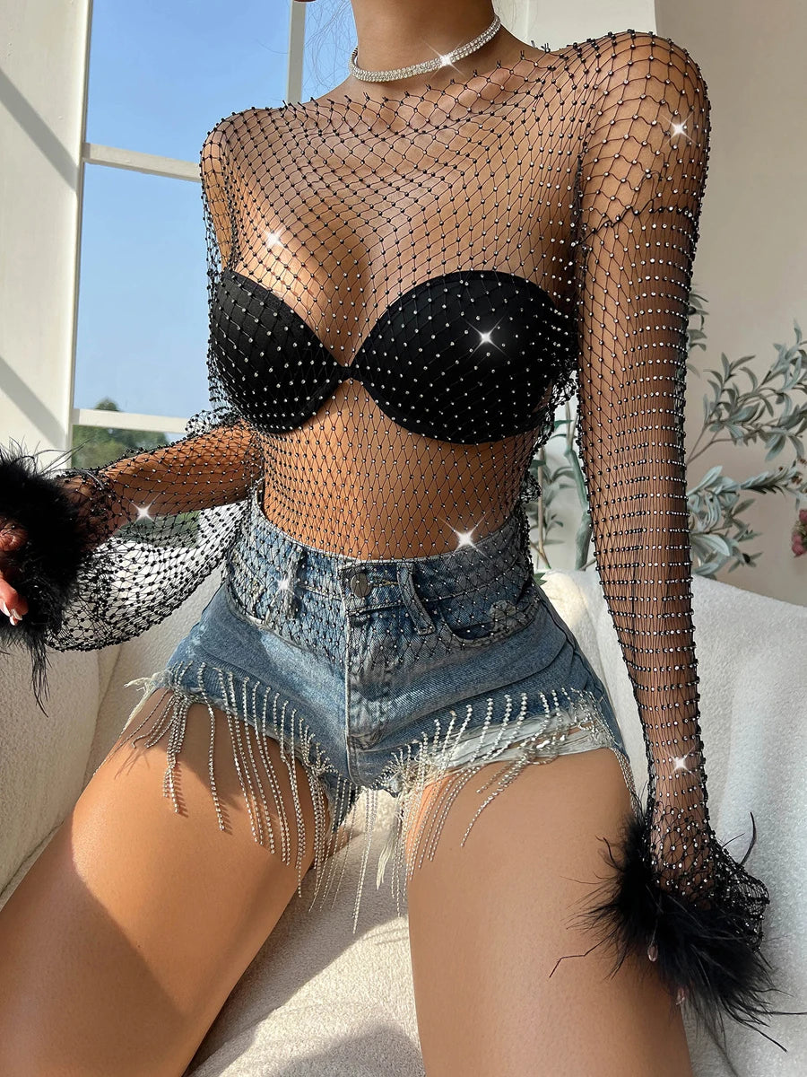 Women s Sparkling Sequin Embellished Blouse Sheer Mesh Crop Top with Cutout Details for Nightclub Partywear