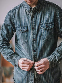 Streetwear Mens Denim Shirts Casual Long Sleeve Buttoned Lapel Striped Blouse Shirt for Men 2025 Spring Casual Cargo Shirt Tops
