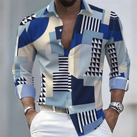 American retro patchwork print men's long-sleeved shirt, casual spring and autumn turn-down collar cardigan, plus size men's top