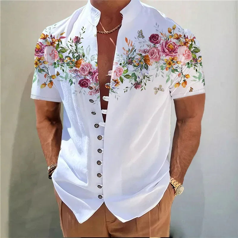 Men's Shirts New Print Button Short Sleeves Shirt Fashion Stand Collar Loose Fitting Men's Shirts Casual Streetwear Comfortable