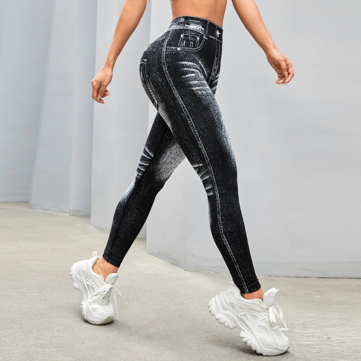 Women V Back Jean Leggings Gym Yoga Pants Casual Elastic Workout Exercise Fitness Running Fitness Tights