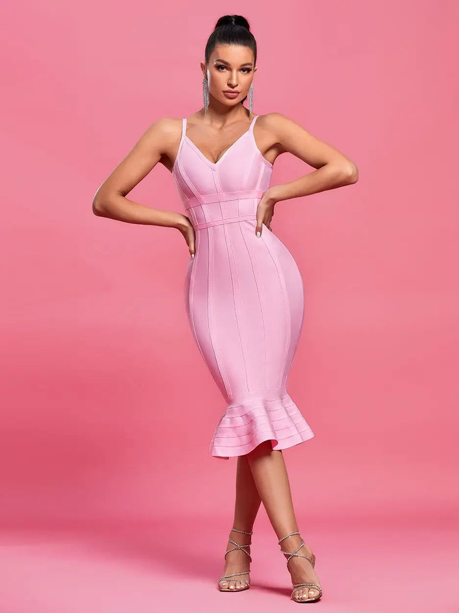 Mermaid Bandage Dress Women Pink Party Dress Bodycon Elegant Sexy Spaghetti Strap Ribbed Midi Evening Birthday Club Outfit 2023