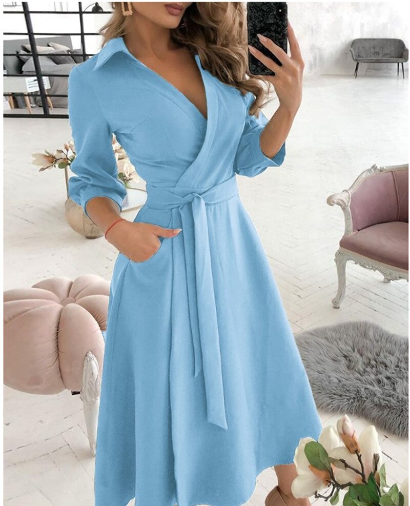 Spring/Summer Fashion Long sleeved V-neck Printed Hip Wrap Dress for Women