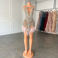 Sexy Black Girl Short Prom Dresses 2023 Luxury Silver Crystals See Through Women Feather Cocktail Gowns For Birthday Party