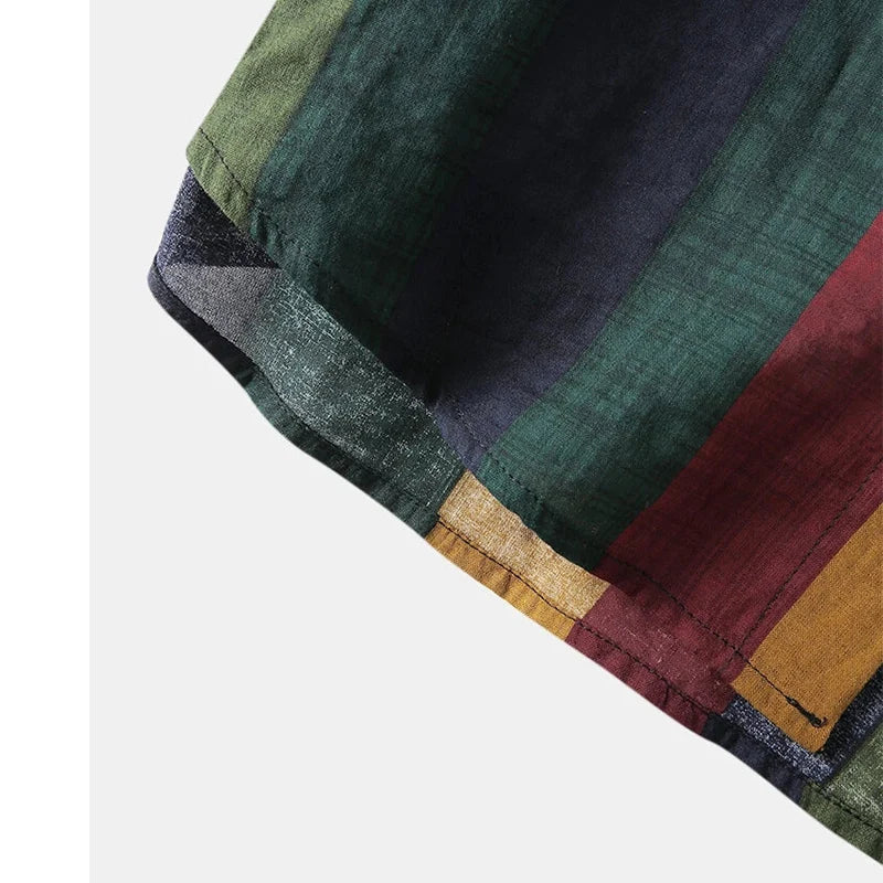 Autumn Men's Streetwear Colorful Vertical Stripes Loose Long Sleeve Shirt Leisure Fashion Retro Button-down Cotton Pockets Tops