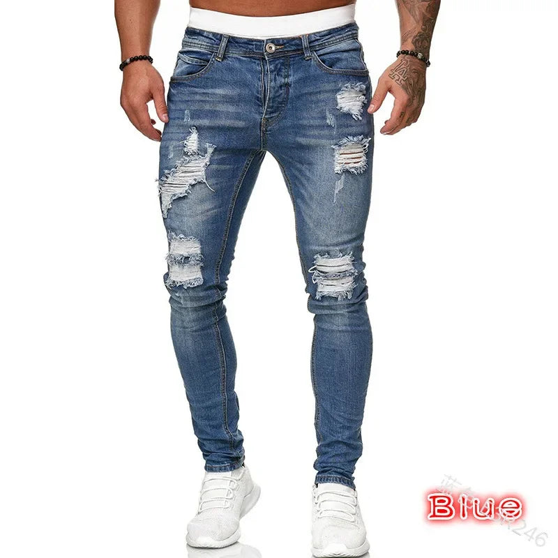 2023 White Embroidery Skinny Ripped Jeans Men Cotton Stretchy Slim Fit Hip Hop Denim Pants Casual Jeans for Men Jogging Trousers