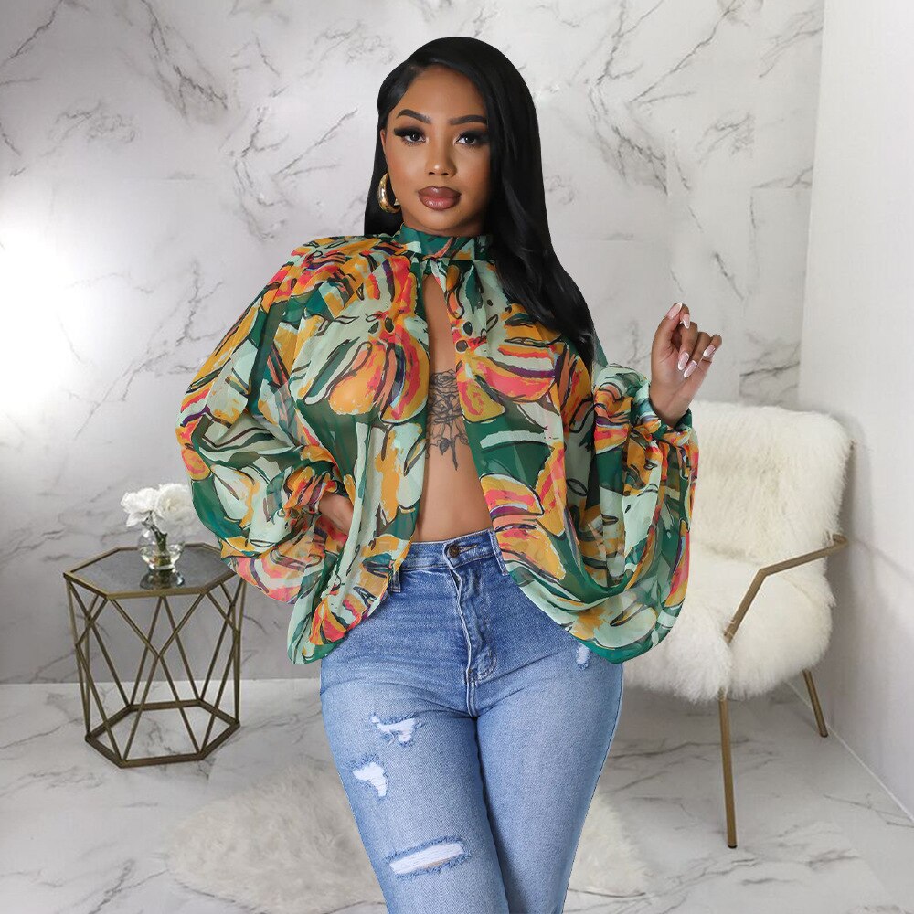 Women Fashion Printed Batwing Long Sleeve Front Split See Though