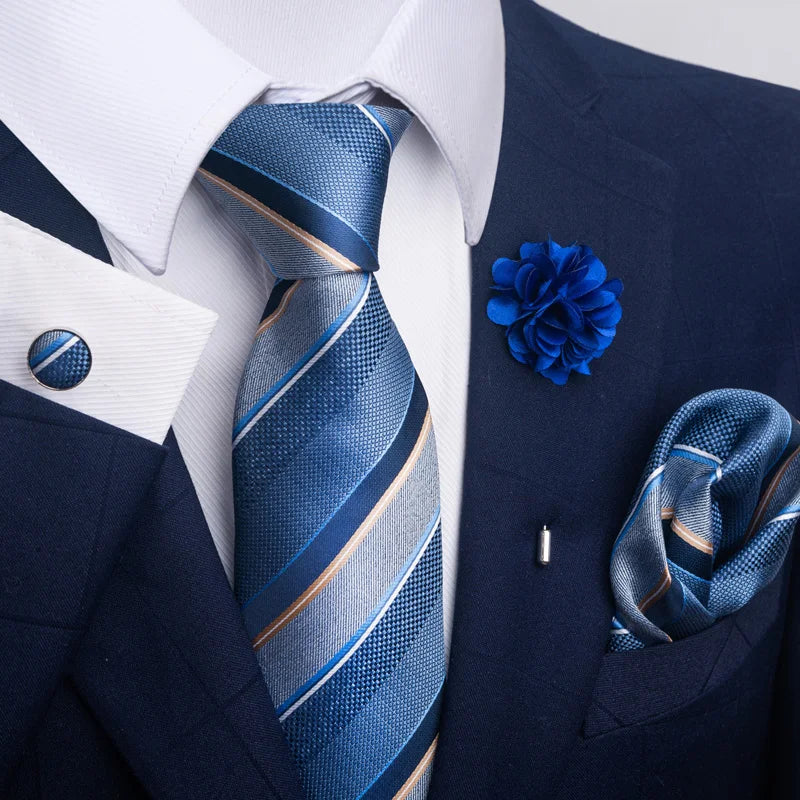 Hot Sale Luxury 8 cm Blue Floral Ties Pocket Square Cufflinks Brooch Set For Man Suit Accessories Holiday Gift Fit Formal Party