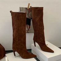 Brown Boots Knee High Long Shoes Woman Pointed Toe High Heels Suede Boots Autumn Winter Black Shoes 2025 New Arrival