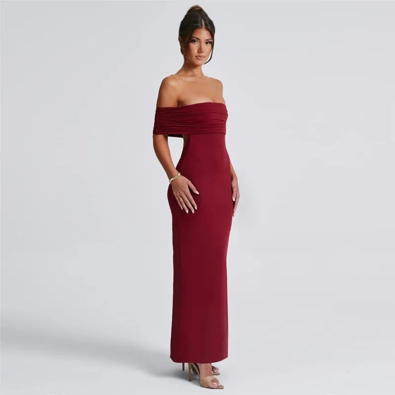 Women's Slim Sexy Strapless Long Dress Temperament Solid Color Hip Sleeveless Off-shoulder Backless Package Club Party Dresses
