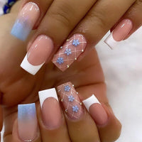 24pcs False Nails with glue flower design Long Coffin French Ballerina Fake Nails Full Cover acrylic Nail