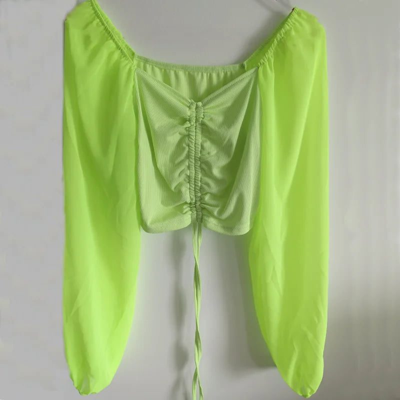 Horetong Women's Sexy V-neck Off-Shoulder Blouses Summer Drawstring Bandage Long Sleeve Tops Ladies Korean Fashion Short Clothes