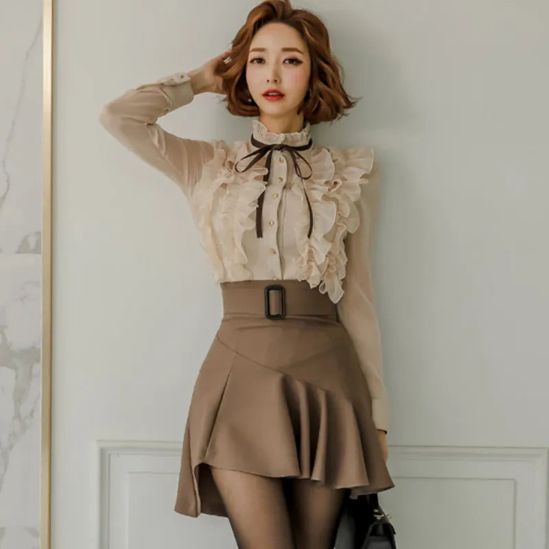 2023 New Autumn Fashion Goddess Sets Women Perspective Ruffles Chiffon Tops + High Waist Mini Korean Sashes Skirt Feminine Suits