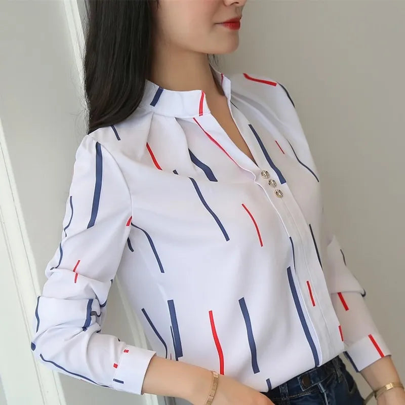 JFUNCY Women's Blouses Office Lady OL Work Shirts Long Sleeve Women Tops Fashion Casual White Stripe Print Female Slim Shirt