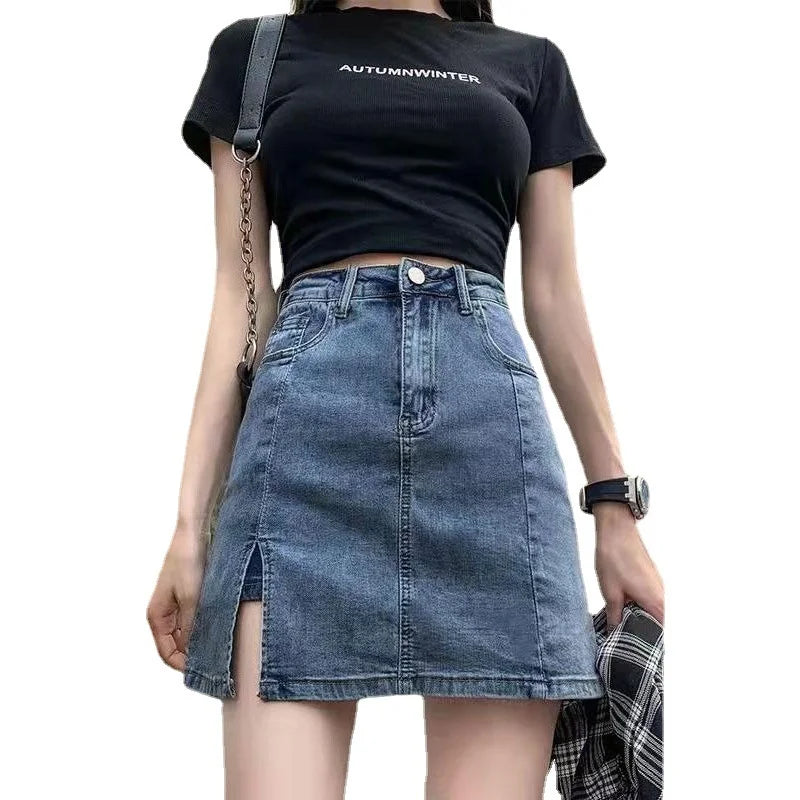 Women's High Waist Split Hip Denim Skirt Female Casual Slim A-line Jeans Short Skirt