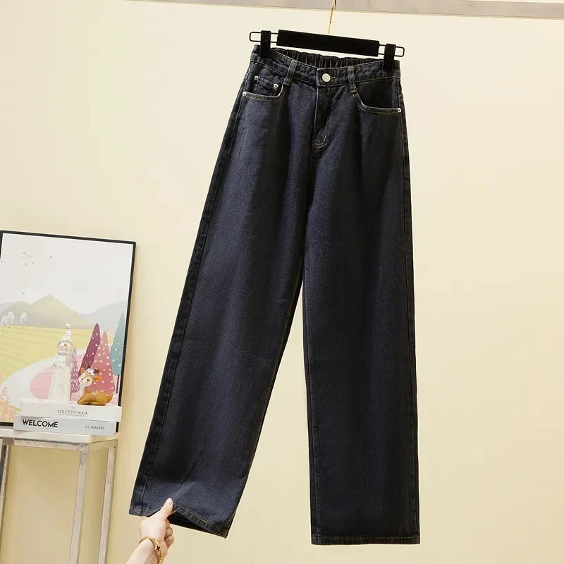 Women's High waisted Wide leg Jeans Autumn Winter 2025 New Loose Elastic waist Straight leg Pants Female Casual Denim Trousers