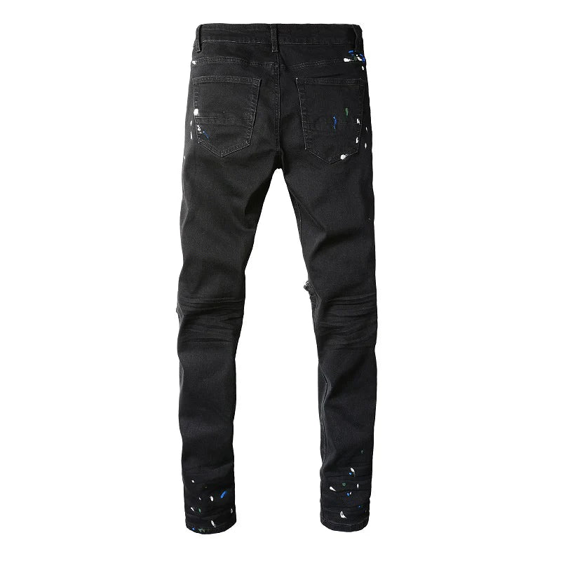 Men Painted Biker Jeans Cracked Pleated Patch Holes Ripped Denim Pants Streetwear Skinny Tapered Stretch Trousers