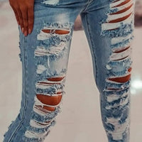 Women Denim Pants Skinny All Match Sexy Middle Waist Skinny Ripped Jeans Sexy Hole Hollow Out Stretch Skinny Denim Trousers