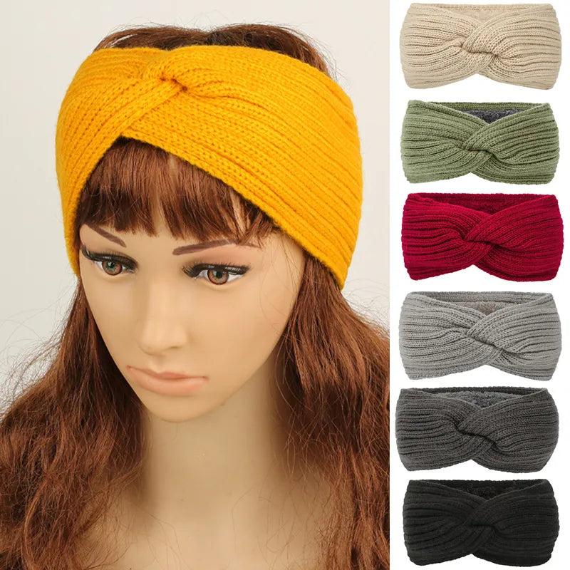 Winter Autumn Thicken Knitting Woolen Wide Headband Plush Lined Headwrap Turban Hairbands For Women Keep Warm Female Ear Warmers