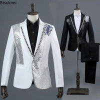 2025 Men's Party Prom Sequin Dress Suit 2 Piece Sets Luxury Classic Black White Diamond Singer Dance Stage Performance Costumes