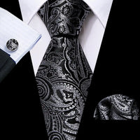 Barry.Wang Black White Gray Silver Men Tie Handkerchief Cufflinks Set Jacquard Necktie for Male Wedding Business Party Gift