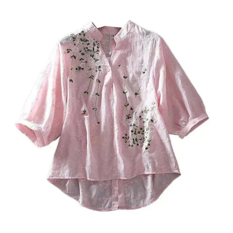 Literary Cotton Shirts For Women Embroidery Flowers Woman Blouses V-neck Half Sleeve Lace Blouses Summer Thin Top Female Shirt