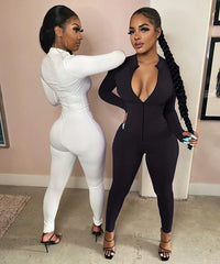 2023 Ladies Fashion Bodysuit Sexy Deep V Neck Slim Solid Color Zipper Closure Breathable Zipper Jumpsuit Trousers Jumpsuit