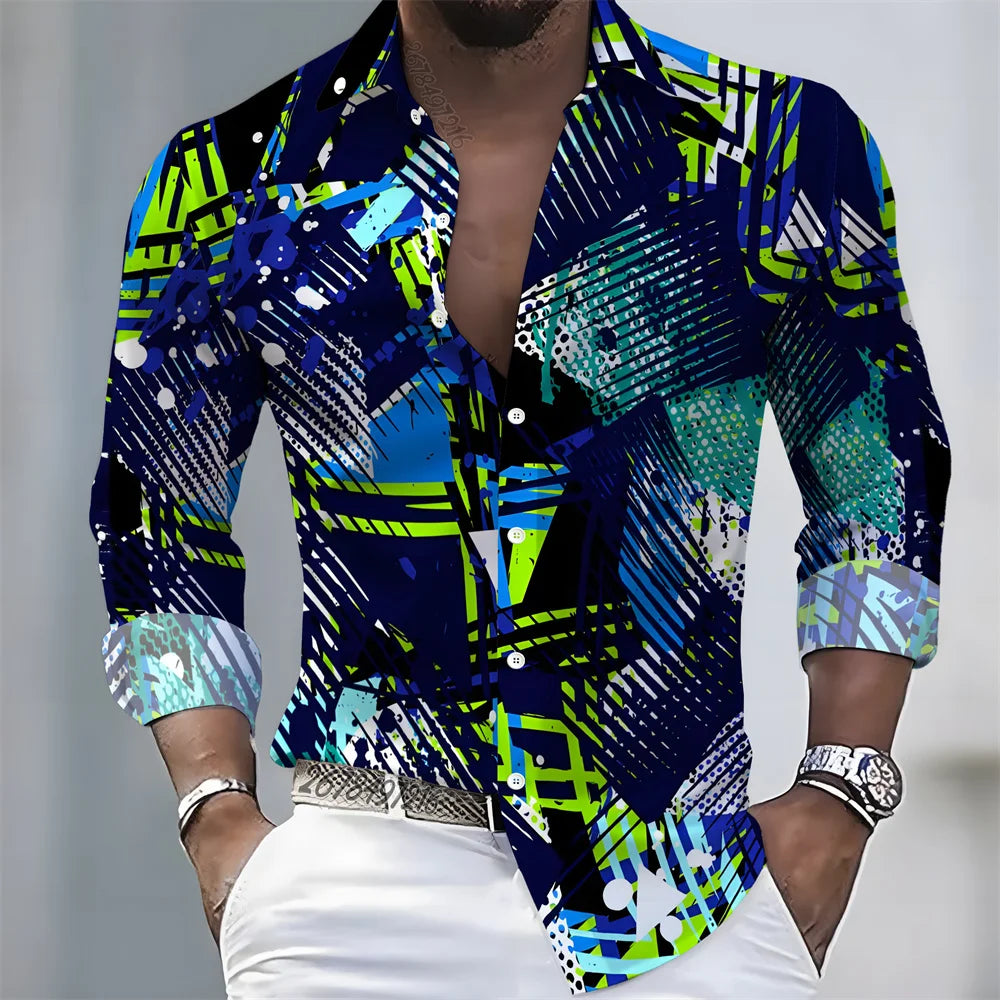 American retro patchwork print men's long-sleeved shirt, casual spring and autumn turn-down collar cardigan, plus size men's top