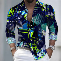 American retro patchwork print men's long-sleeved shirt, casual spring and autumn turn-down collar cardigan, plus size men's top